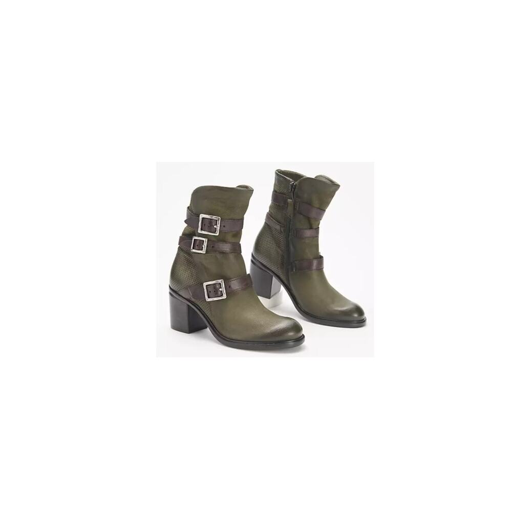 EUC Miz Mooz New York City Olive Green Leather‎ Zip Up Buckle Booties Size 38